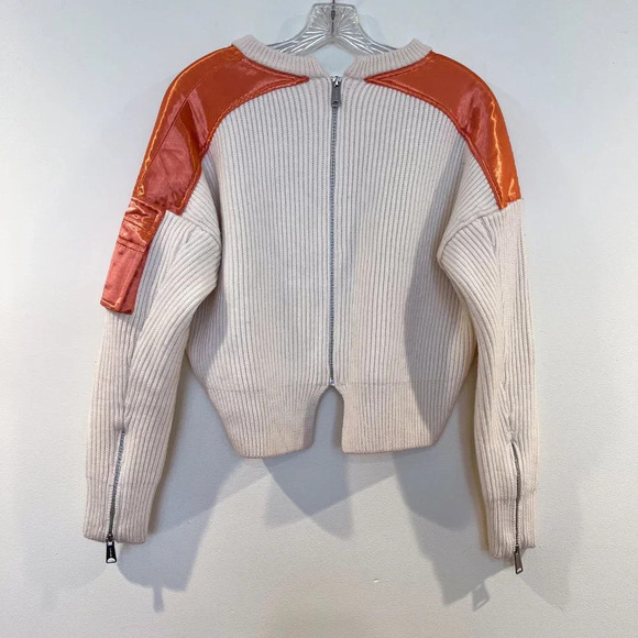 Maje x Schott Wool Blend Cream Satin Designer Cropped Pullover Cropped Sweater 1 - Picture 6 of 8